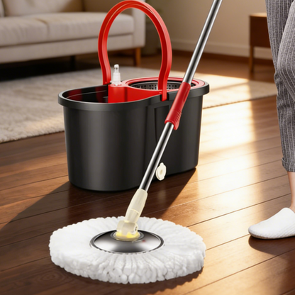 Seau de nettoyage avec balai rotatif et système d’essorage